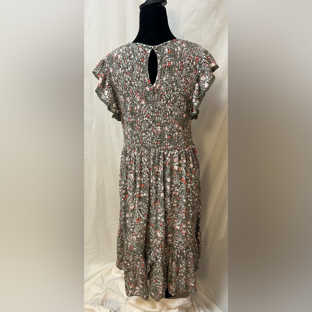 Floral Smocked Olive Green Pattern Dress with Ruffle Sleeves